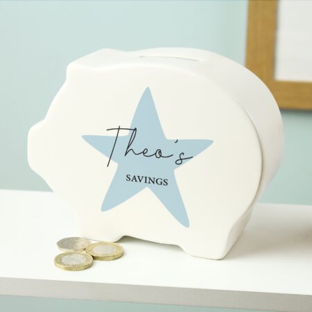 Personalised Blue Star Piggy Bank: 2 - Money Boxes By Gift Moments