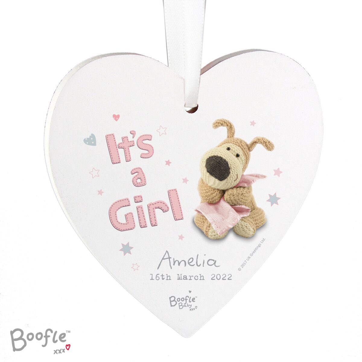 Personalised Boofle It’s a Girl Wooden Heart Decoration: 3 - Decorations By Boofle