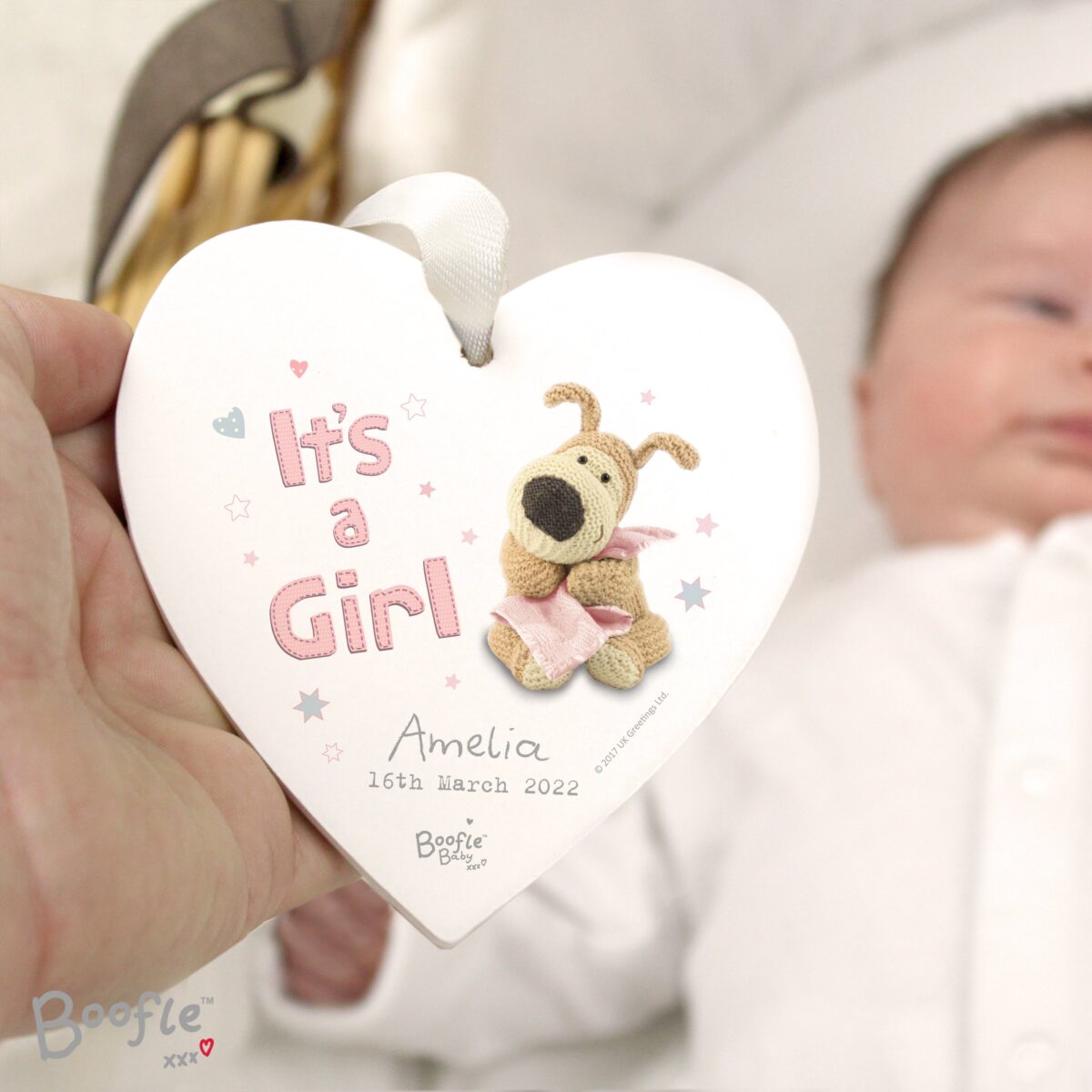 Personalised Boofle It’s a Girl Wooden Heart Decoration: 2 - Decorations By Boofle