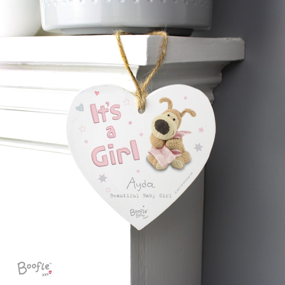 Personalised Boofle It’s a Girl Wooden Heart Decoration: 4 - Decorations By Boofle