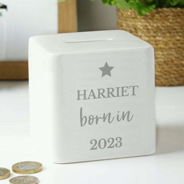 Personalised Born in Money Box: 2 - Money Boxes By Gift Moments