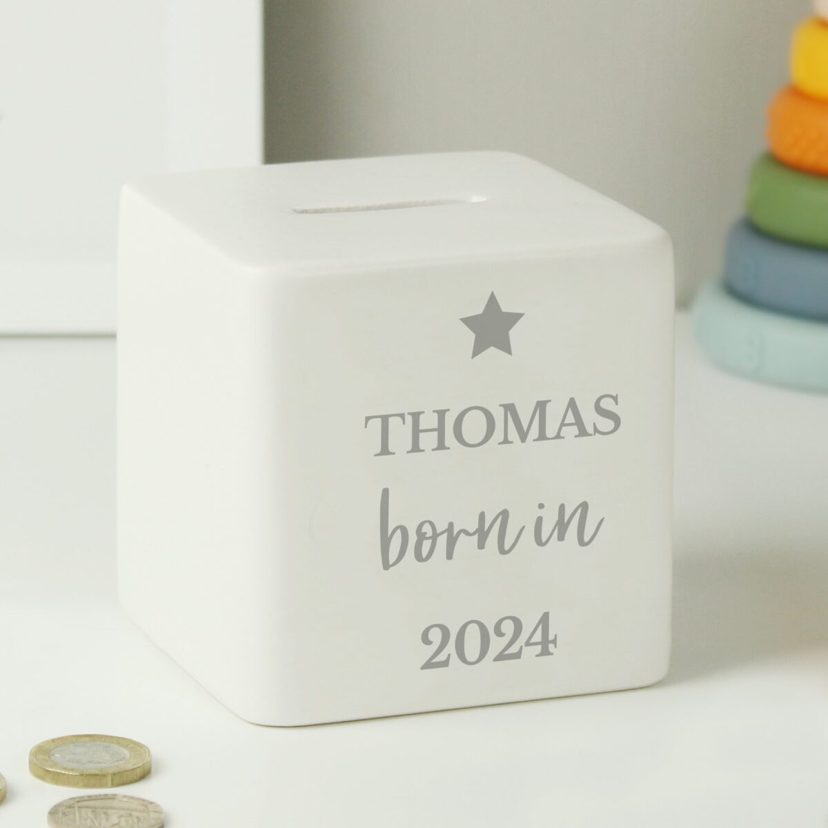 Personalised Born in Money Box: 1 - Money Boxes By Gift Moments