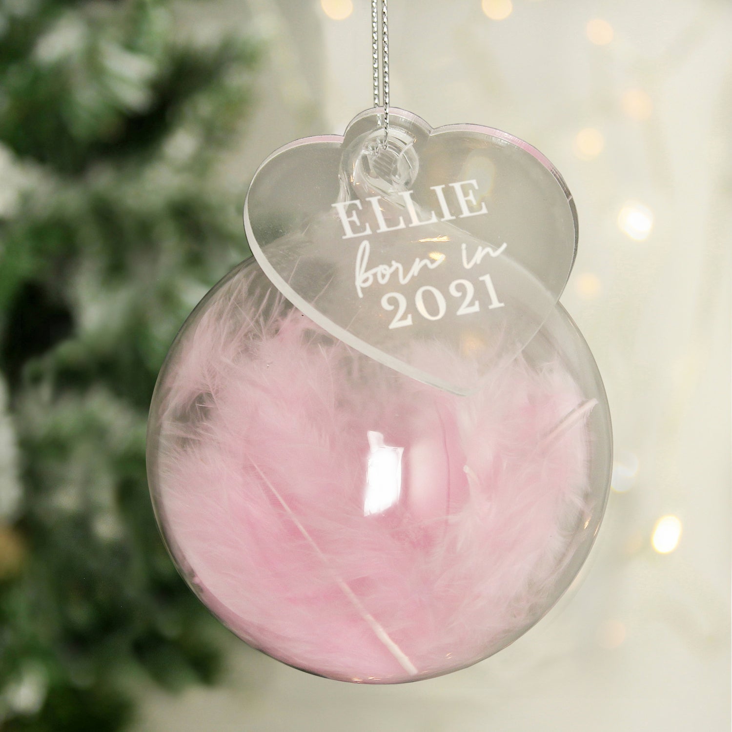 Personalised Born In Pink Feather Glass Bauble With Heart Tag: 1 - Christmas Baubles By Gift Moments