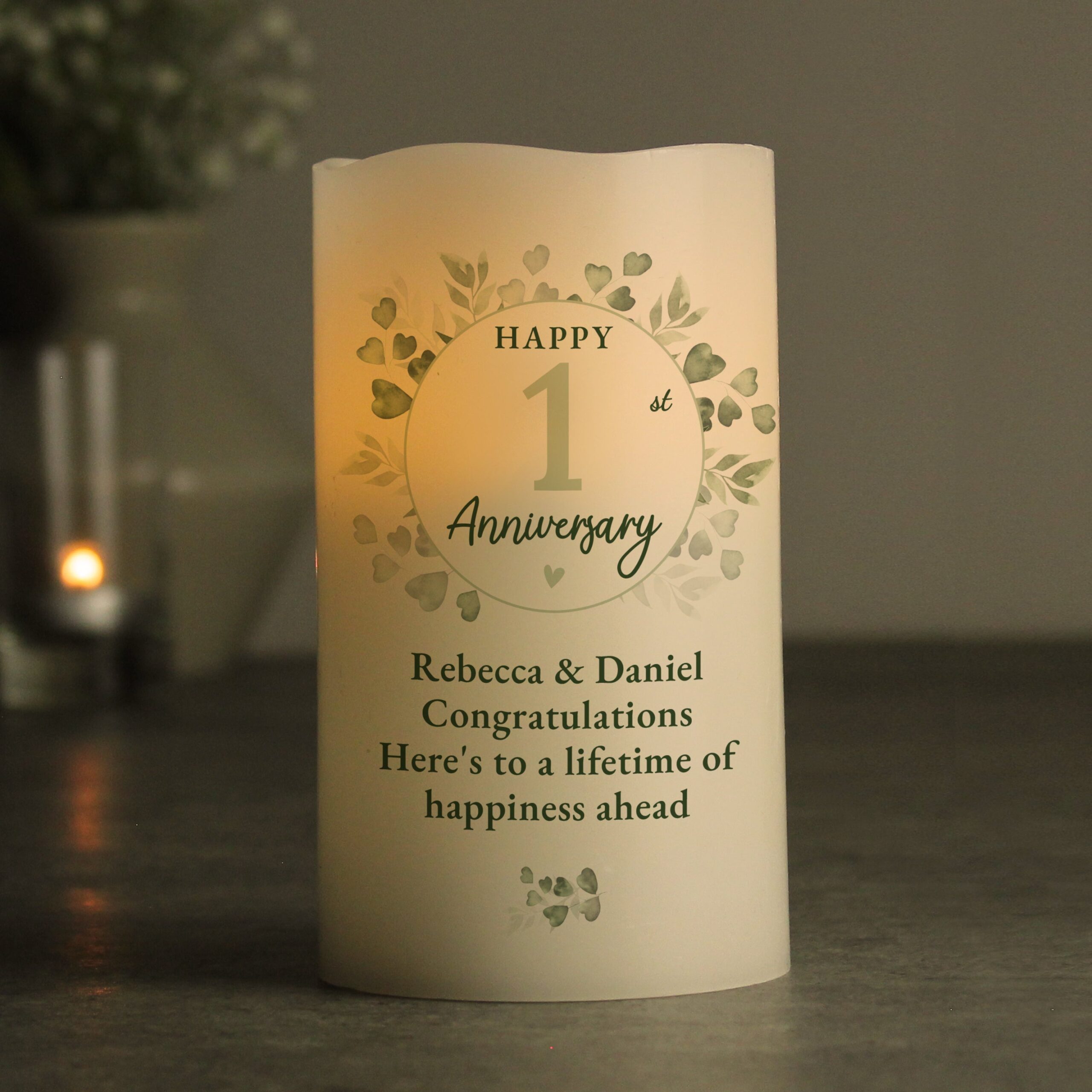 Personalised Botanical Anniversary LED Candle: 1 - LED Lighting By Gift Moments