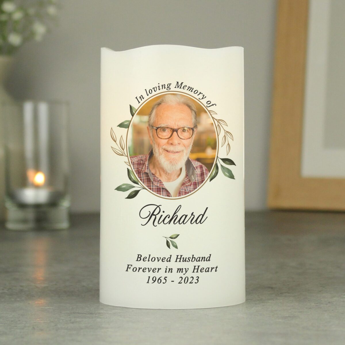 Personalised botanical memorial photo upload led candle