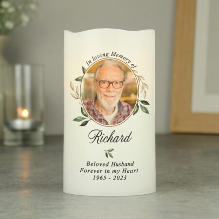 Personalised botanical memorial photo upload led candle