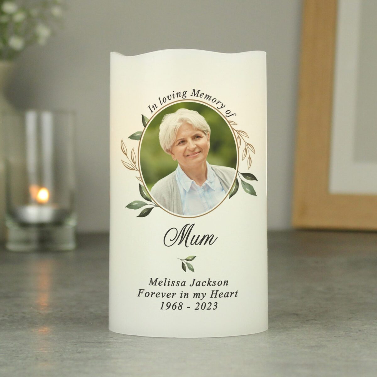 Personalised botanical memorial photo upload led candle