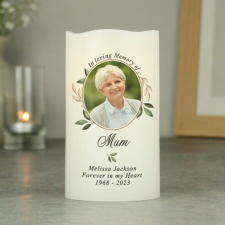 Personalised botanical memorial photo upload led candle