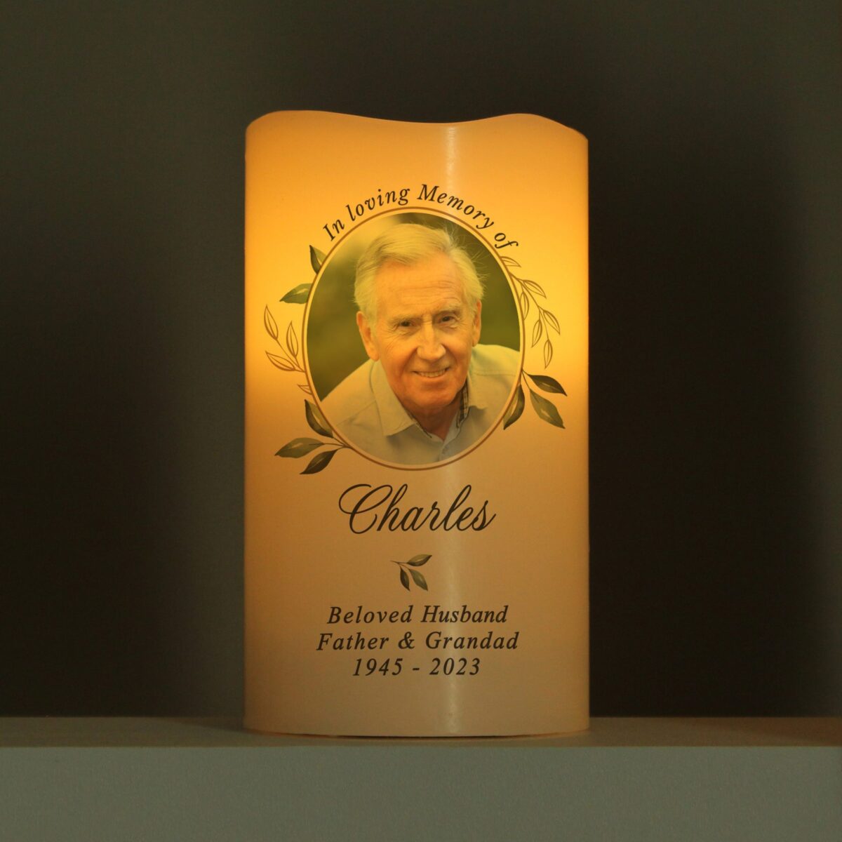 Personalised botanical memorial photo upload led candle