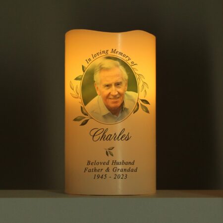 Personalised botanical memorial photo upload led candle