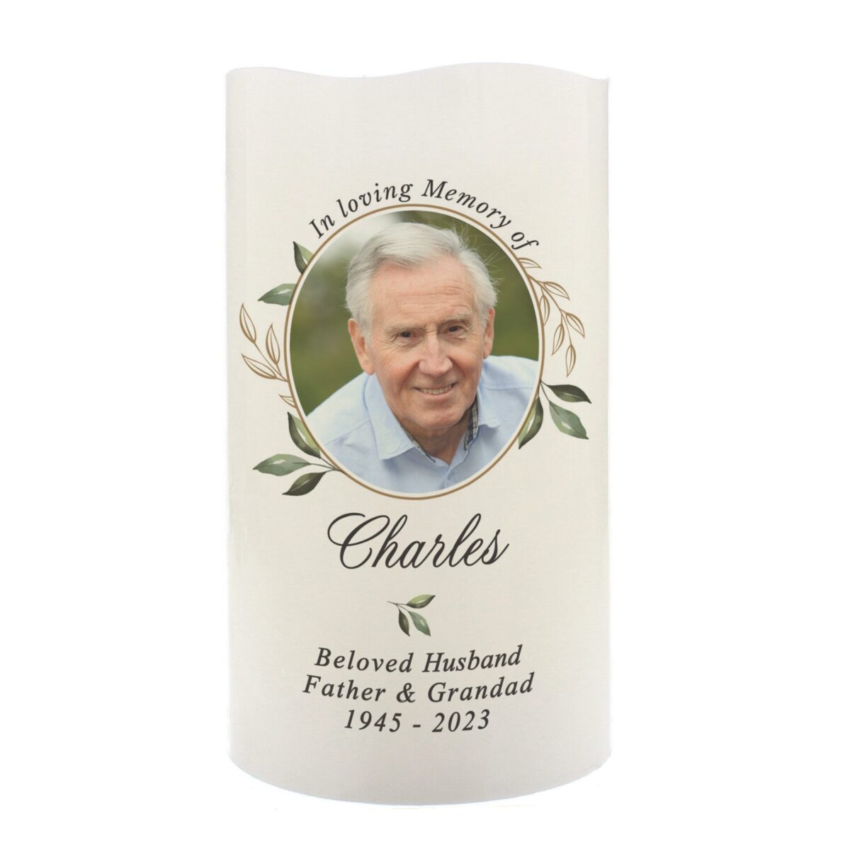 Personalised botanical memorial photo upload led candle