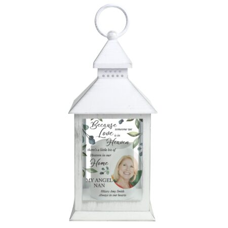 Personalised botanical memorial photo upload white lantern