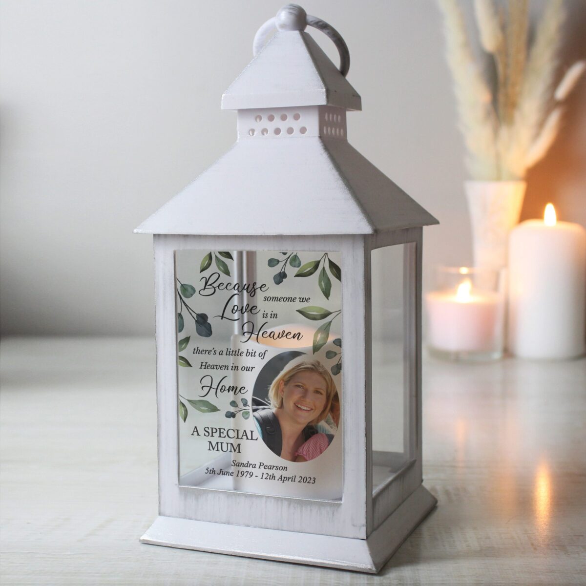 Personalised botanical memorial photo upload white lantern