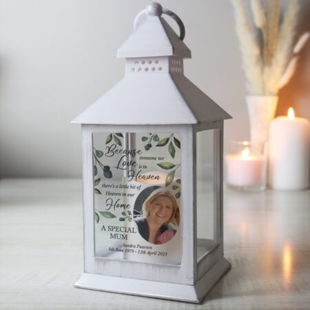 Personalised botanical memorial photo upload white lantern
