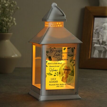 Personalised botanical memorial photo upload white lantern