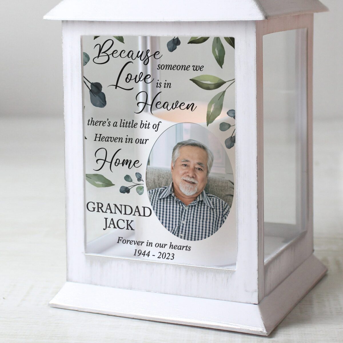 Personalised botanical memorial photo upload white lantern