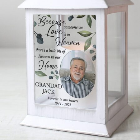 Personalised botanical memorial photo upload white lantern