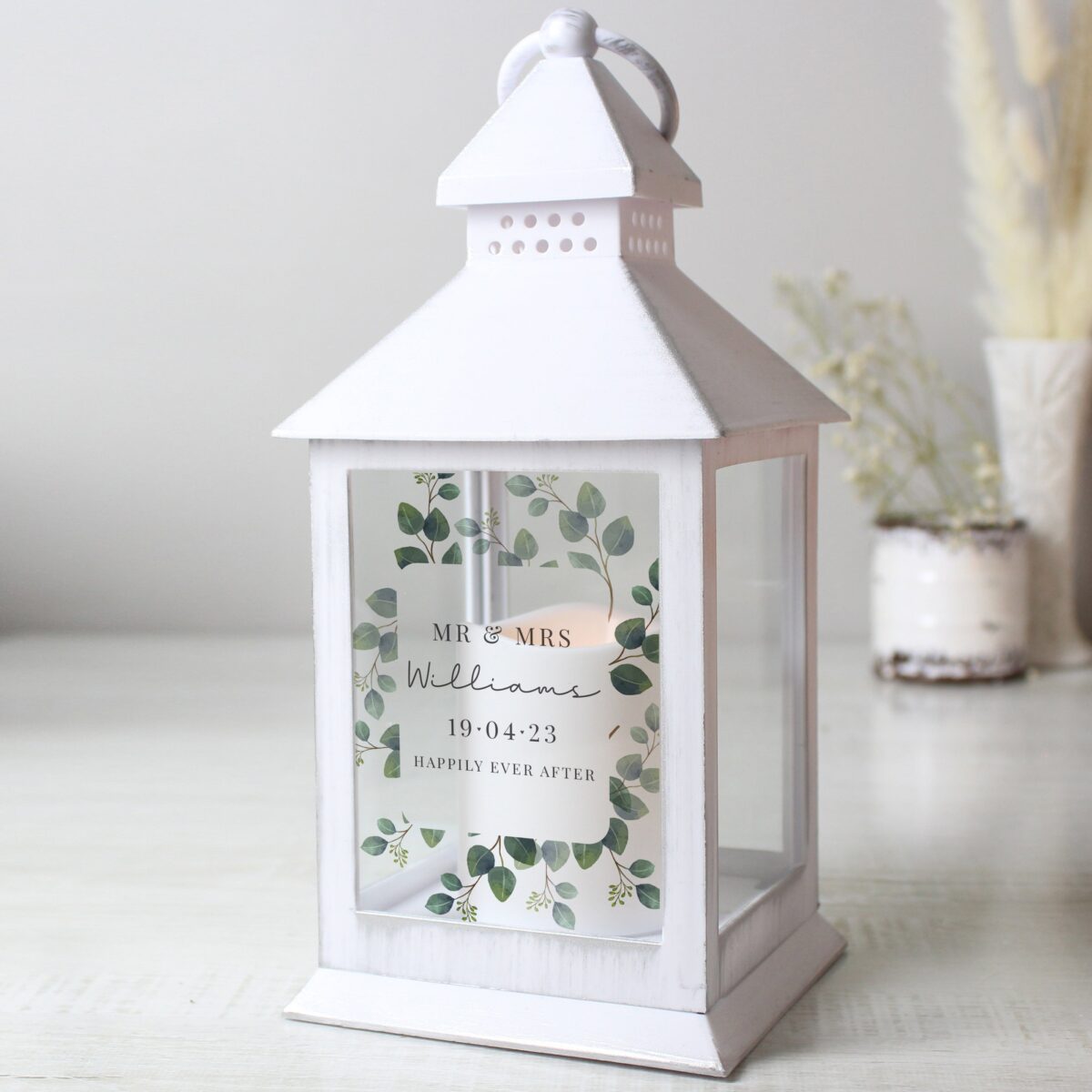 Personalised Botanical White Lantern: 6 - LED Lighting By Gift Moments
