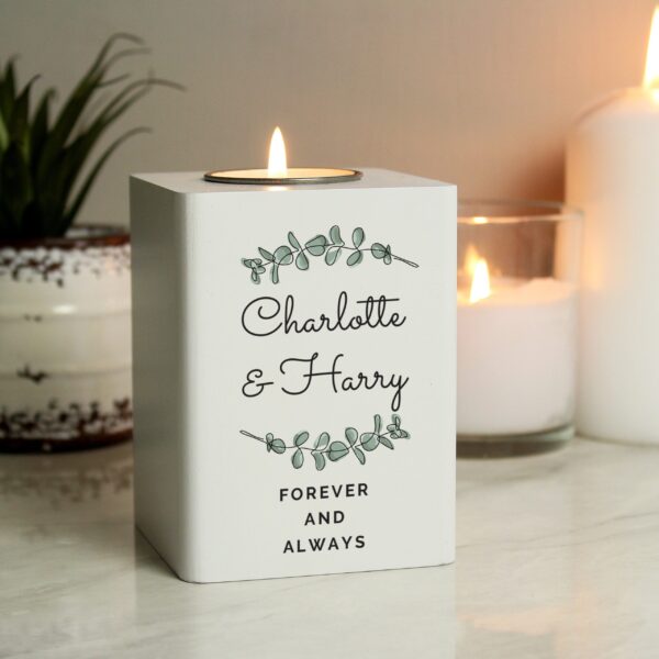 Personalised Botanical White Wooden Tea light Holder: 1 - Candle Holders By Gift Moments