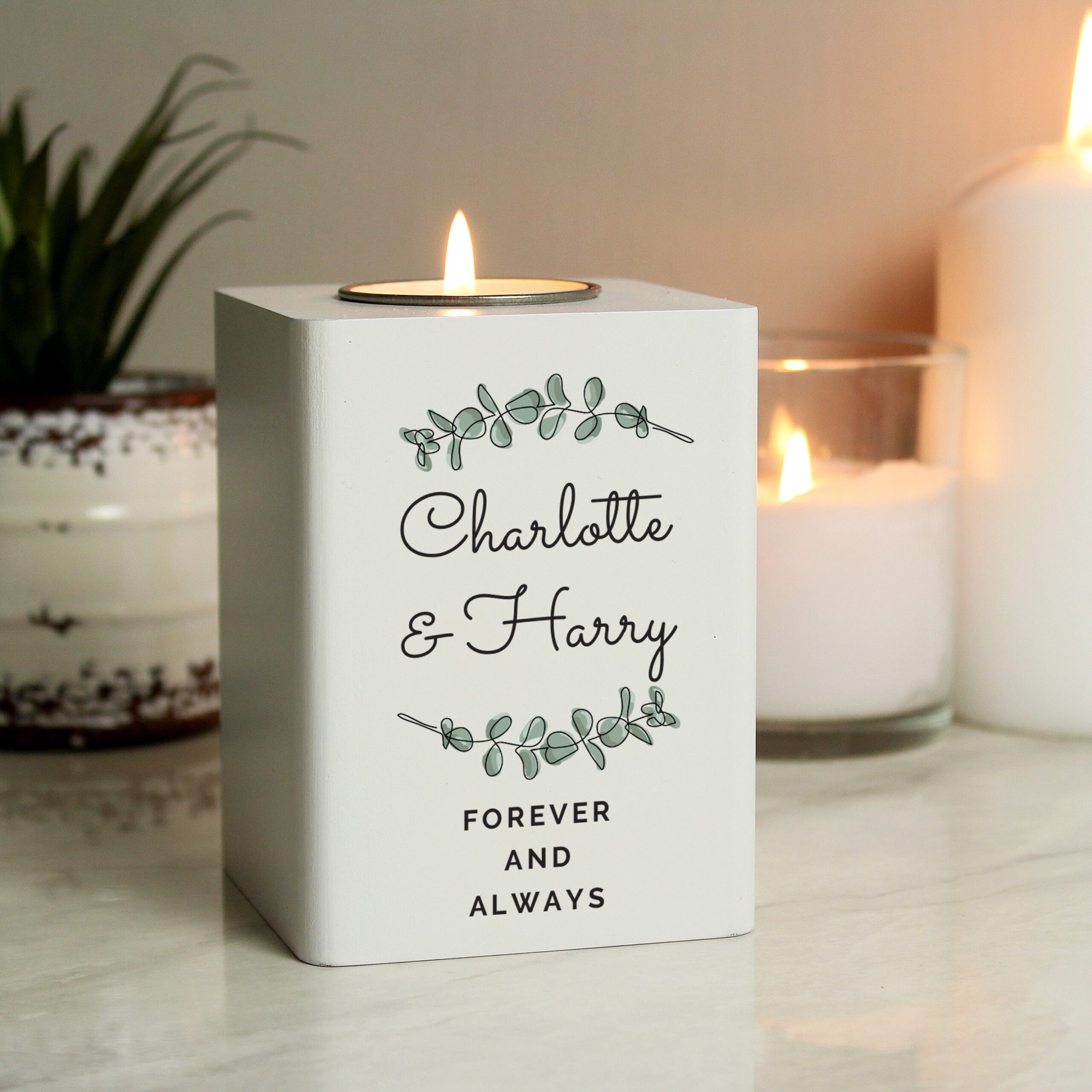 Personalised Botanical White Wooden Tea light Holder: 1 - Candle Holders By Gift Moments