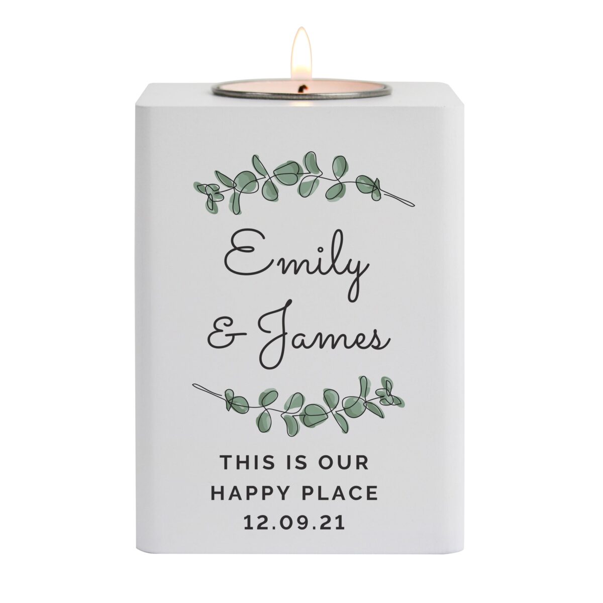 Personalised Botanical White Wooden Tea light Holder: 5 - Candle Holders By Gift Moments