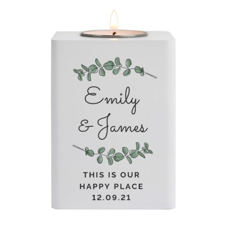 Personalised Botanical White Wooden Tea light Holder: 5 - Candle Holders By Gift Moments