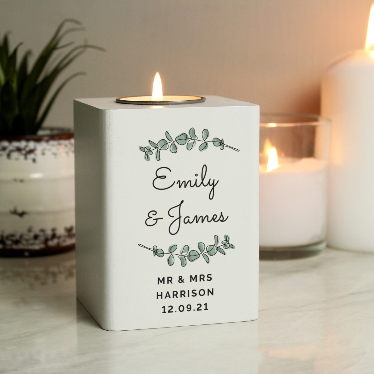Personalised Botanical White Wooden Tea light Holder: 3 - Candle Holders By Gift Moments