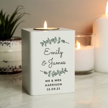 Personalised Botanical White Wooden Tea light Holder: 3 - Candle Holders By Gift Moments