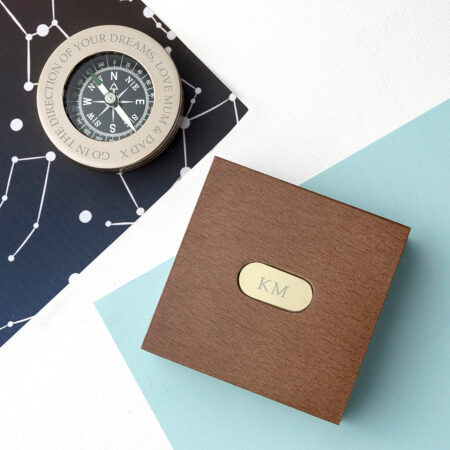 Personalised brass travellers compass wooden box
