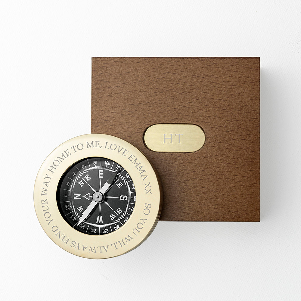 Personalised brass travellers compass wooden box