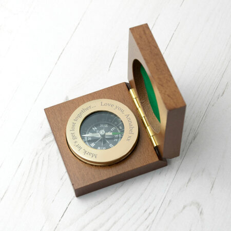 Personalised brass travellers compass wooden box