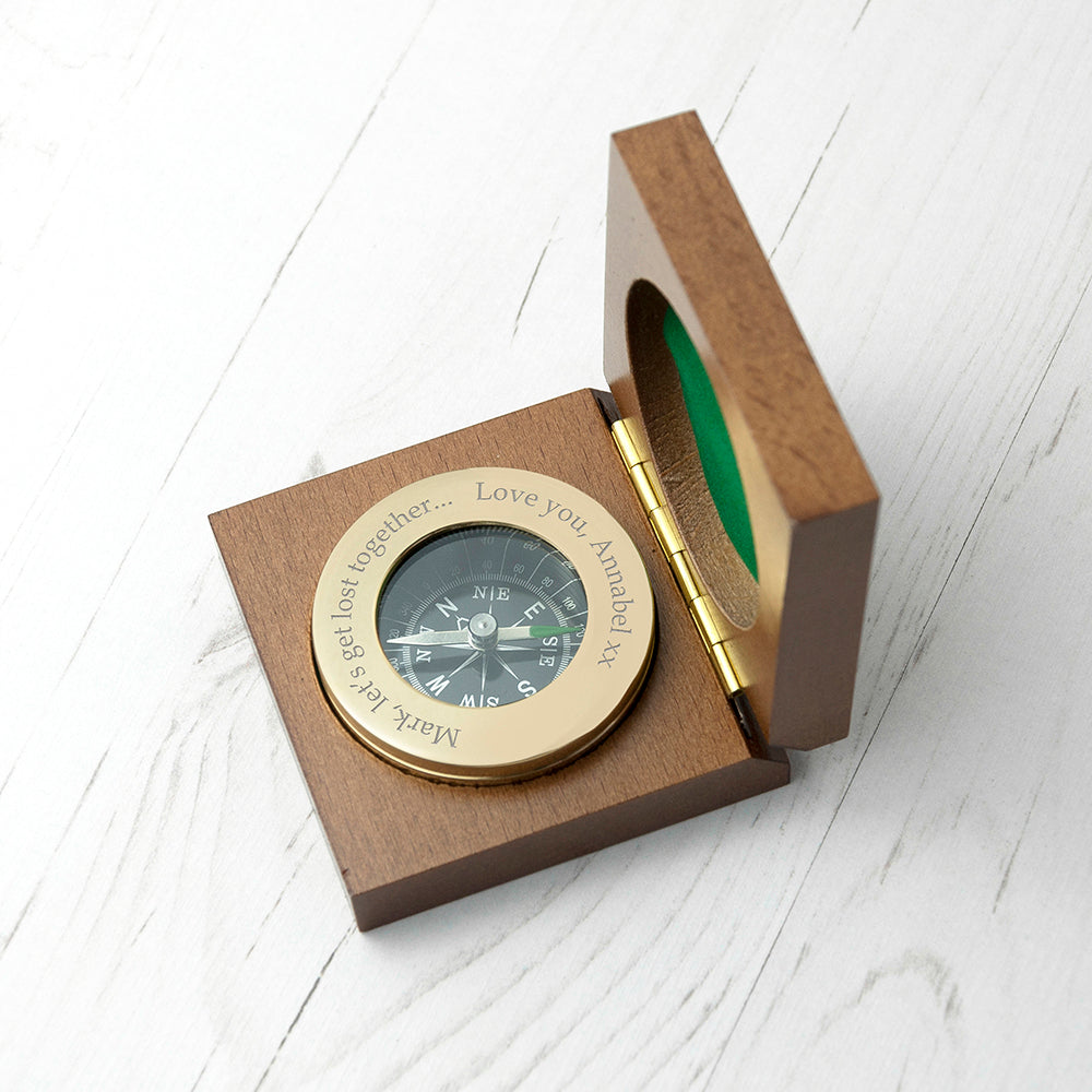 Personalised brass travellers compass wooden box