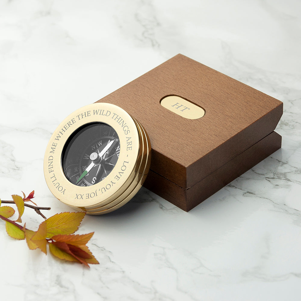 Personalised brass travellers compass wooden box