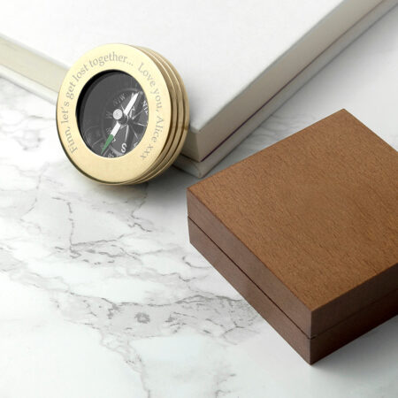 Personalised brass travellers compass wooden box