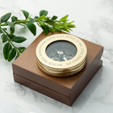 Personalised brass travellers compass wooden box