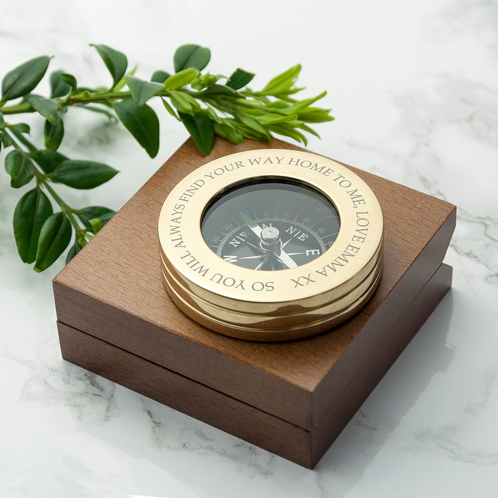 Personalised brass travellers compass wooden box