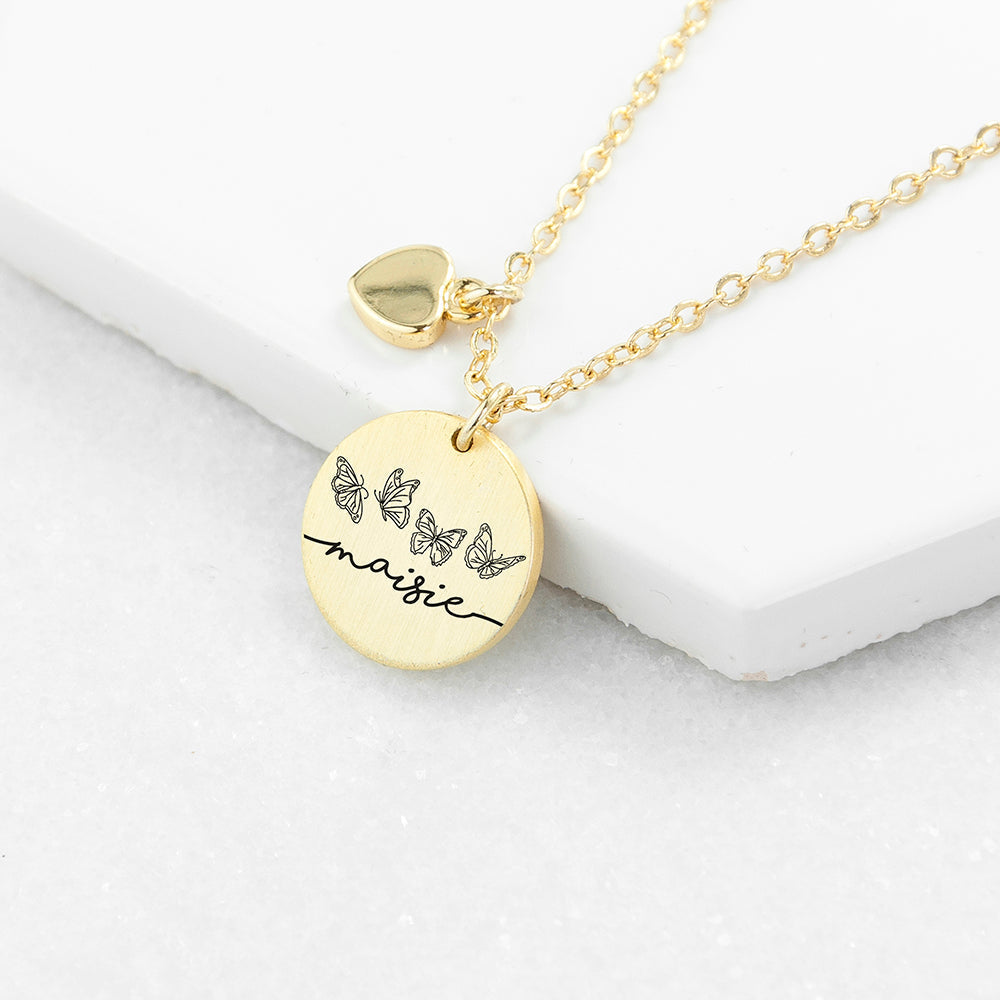 Personalised Butterfly Row Matte Heart & Disc Necklaces: 2 - Gold - Necklaces By Gift Moments