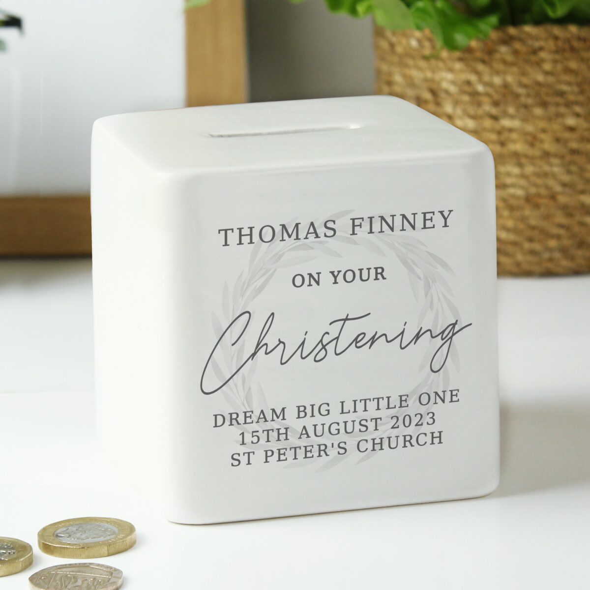 Personalised Christening Ceramic Square Money Box: 2 - Money Boxes By Gift Moments