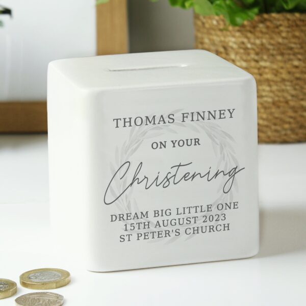 Personalised Christening Ceramic Square Money Box: 2 - Money Boxes By Gift Moments