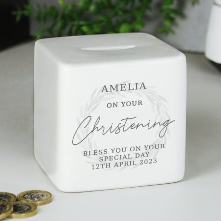 Personalised Christening Ceramic Square Money Box: 5 - Money Boxes By Gift Moments