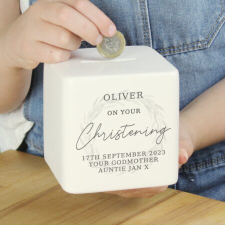 Personalised Christening Ceramic Square Money Box: 3 - Money Boxes By Gift Moments