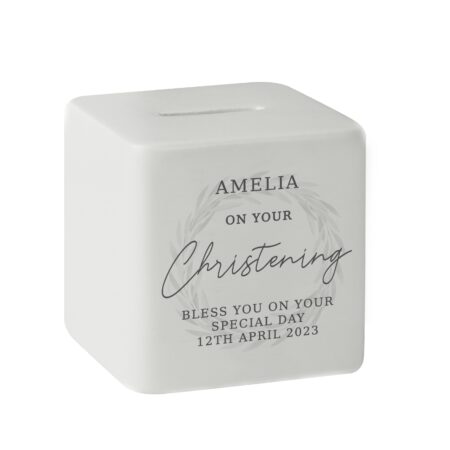 Personalised Christening Ceramic Square Money Box: 6 - Money Boxes By Gift Moments