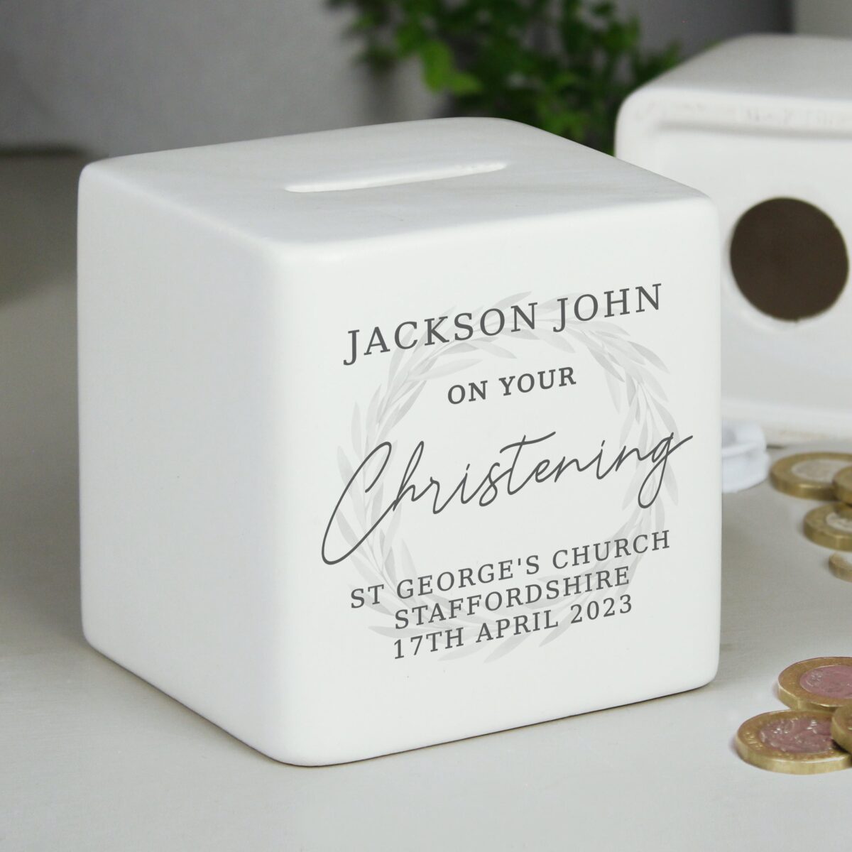 Personalised Christening Ceramic Square Money Box: 1 - Money Boxes By Gift Moments