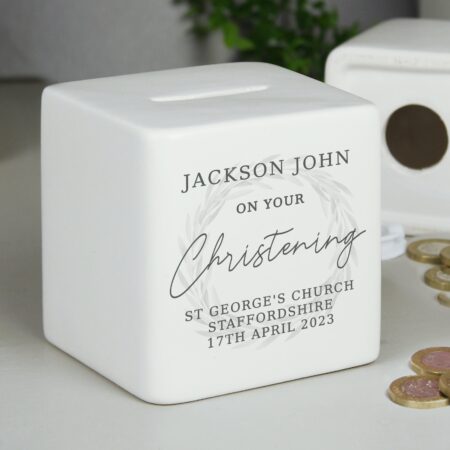 Personalised Christening Ceramic Square Money Box: 1 - Money Boxes By Gift Moments