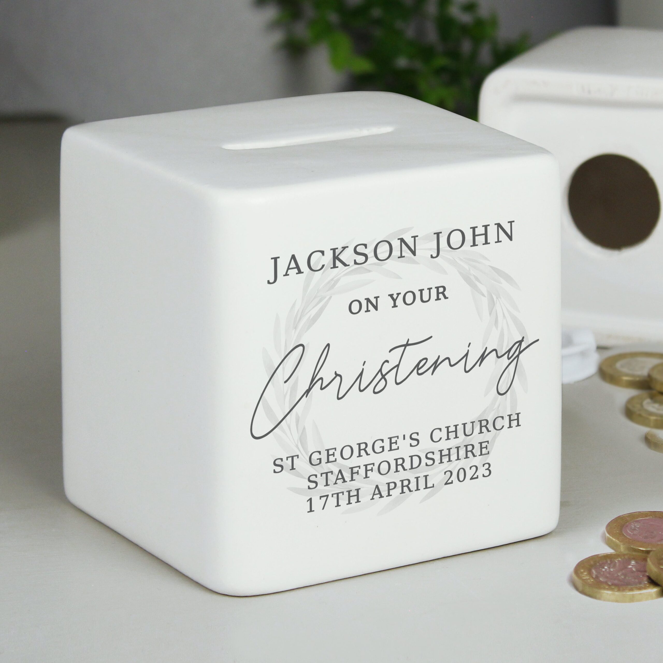 Personalised Christening Ceramic Square Money Box: 1 - Money Boxes By Gift Moments