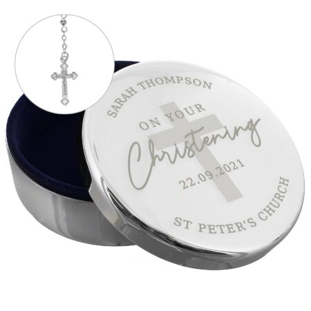 Personalised Christening Round Trinket Box & Rosary Beads Set: 3 - Trinket Boxes By Gift Moments