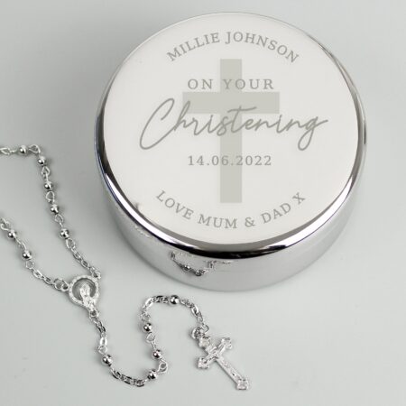 Personalised Christening Round Trinket Box & Rosary Beads Set: 1 - Trinket Boxes By Gift Moments