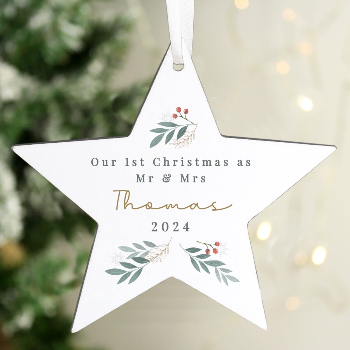 Personalised Christmas Foliage Hanging Star Decoration: 2 - Christmas Decorations By Gift Moments