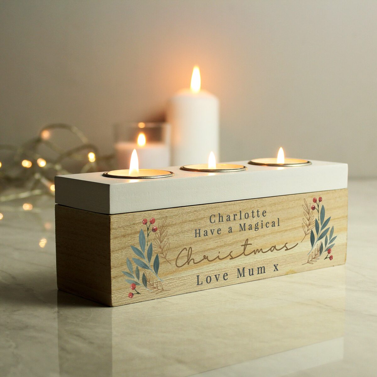 Personalised Christmas Foliage Triple Tea Light Box: 4 - Candle Holders By Gift Moments