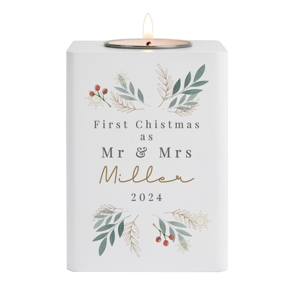 Personalised Christmas Foliage White Tealight Holder: 5 - Candle Holders By Gift Moments
